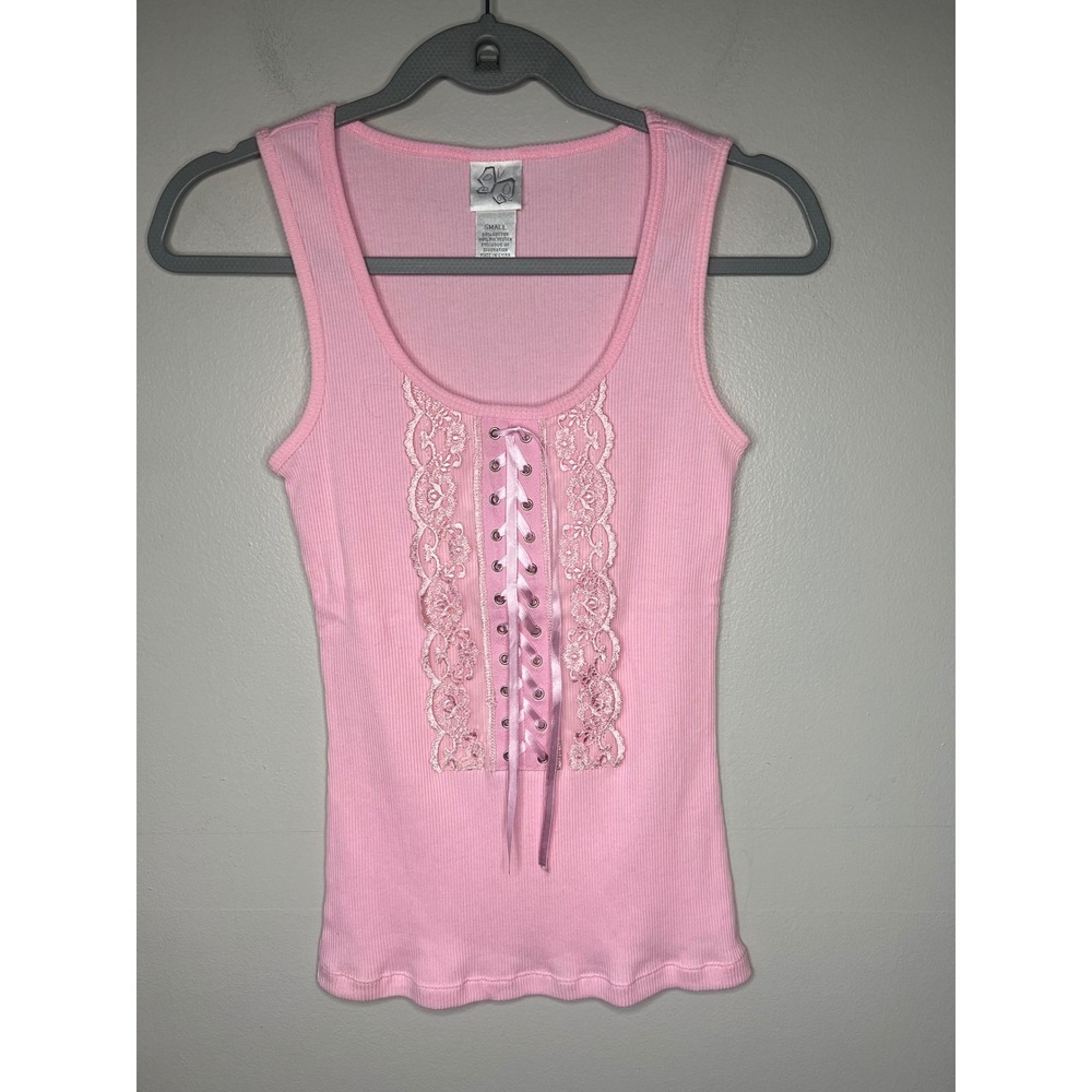 Vintage Y2K Pink Lace Up Corset Tank Top Coquette Fairycore Renaissance 90s Sz S